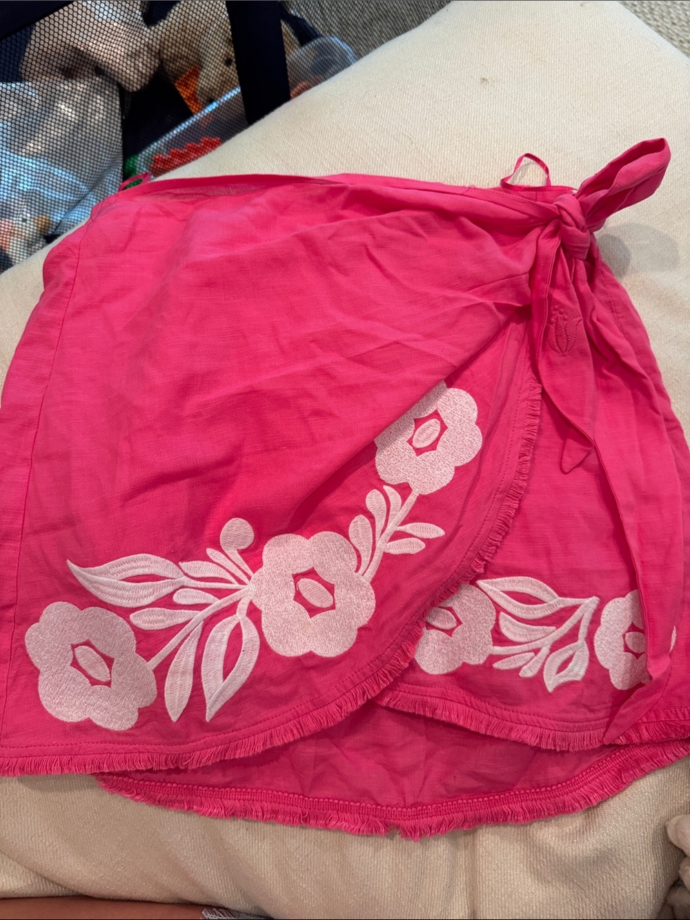 Pink Floral Wrap skirt  with White Embroidered Detail